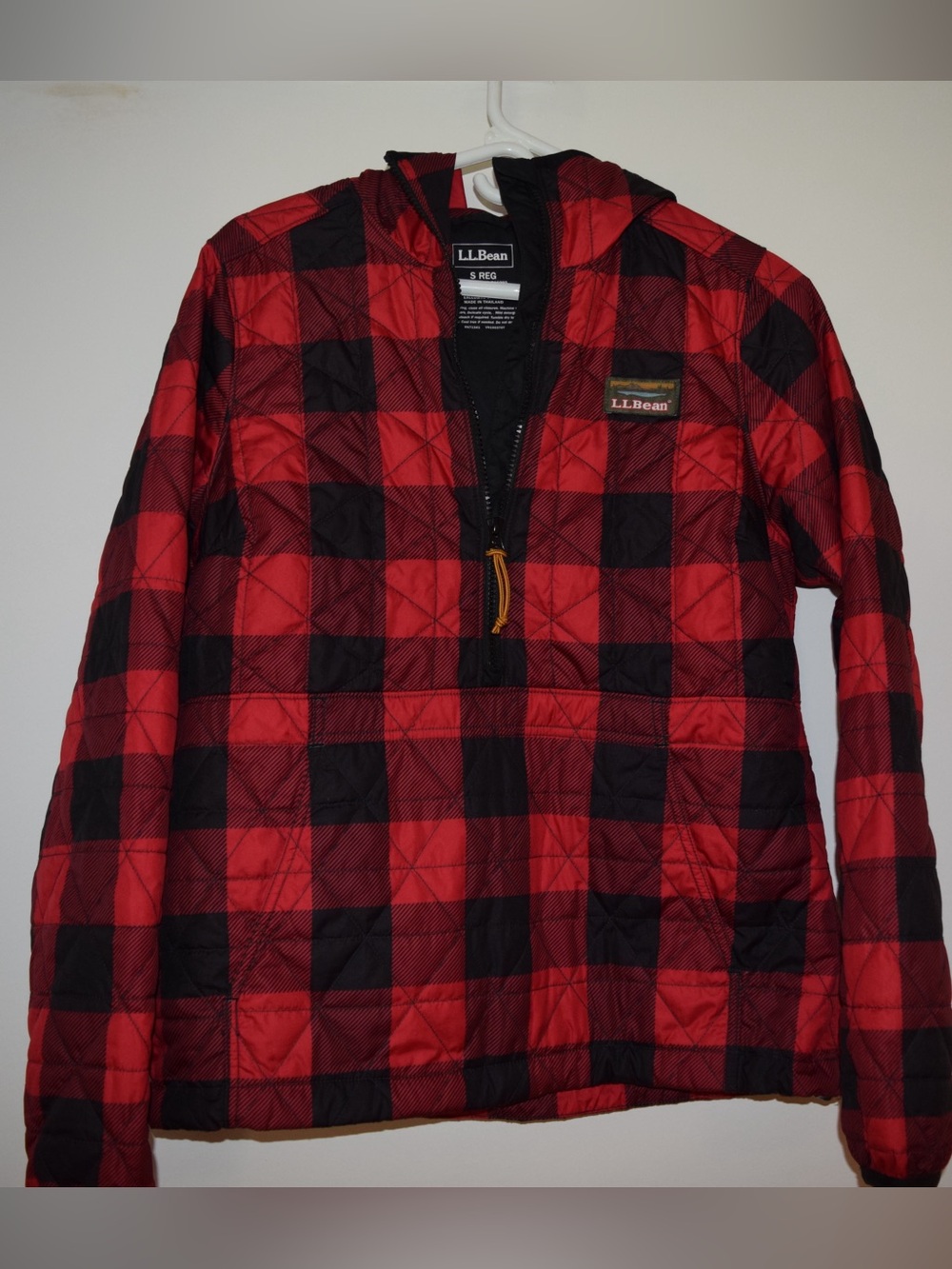 L.L.Bean Red Black Buffalo Plaid Quilted Jacket Removable Hood Sz S